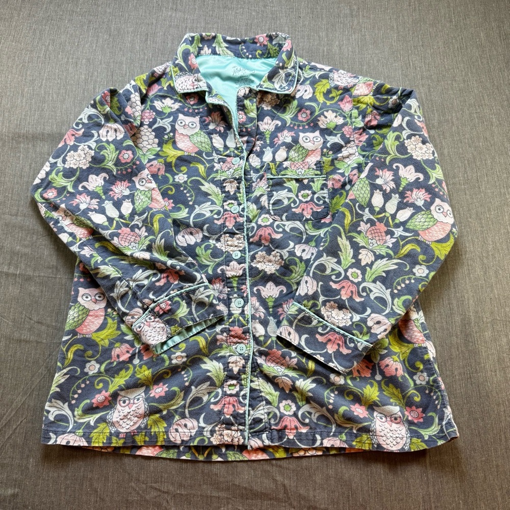 Nick & Nora Women’s Pajama Top Floral Owls Small Flannel  Cozy Long Sleeve Blue